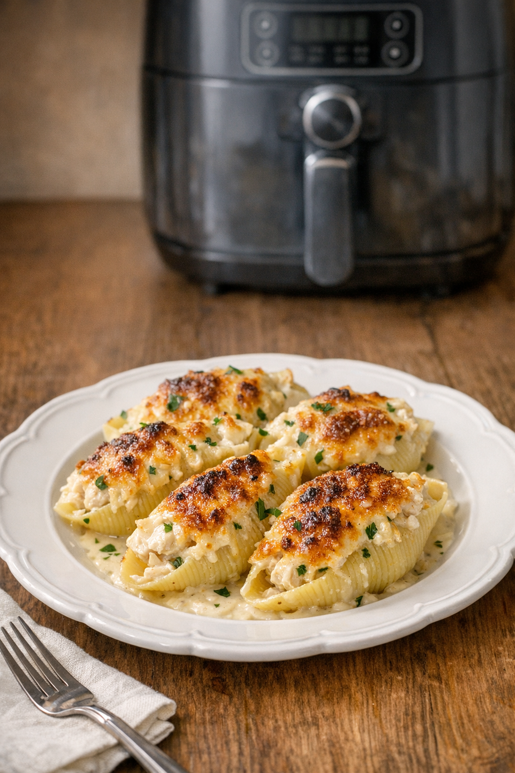 Air Fryer Chicken Alfredo Stuffed Shells (Crispy Top)