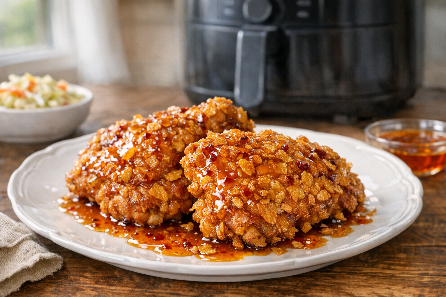 Air Fryer Cornflake Chicken Thighs with Spicy Honey