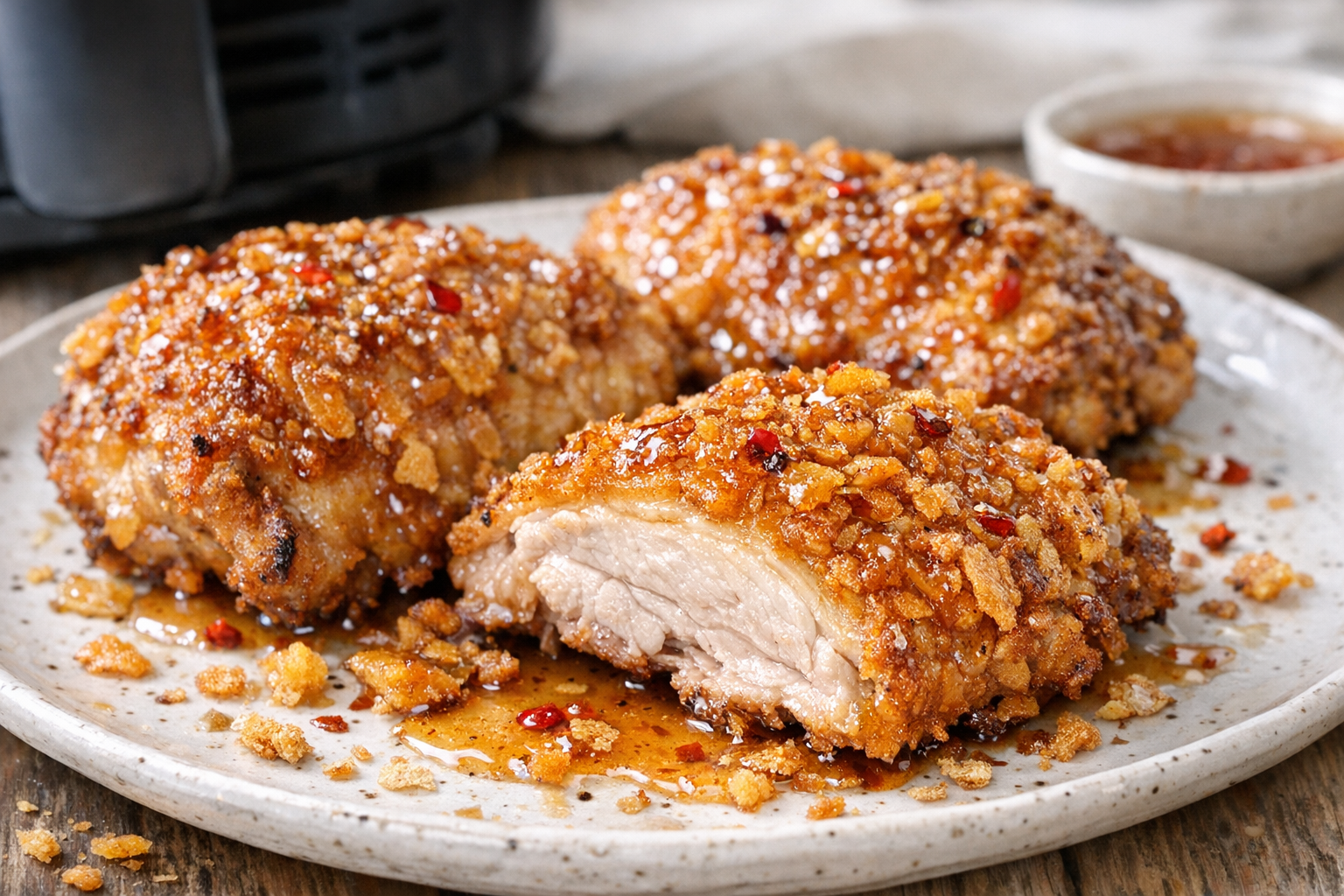 Air Fryer Cornflake Chicken Thighs with Spicy Honey