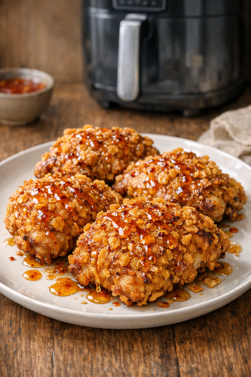 Air Fryer Cornflake Chicken Thighs with Spicy Honey