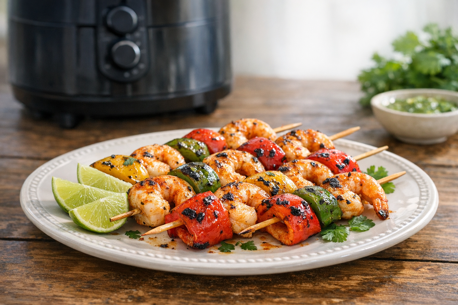 Air Fryer Chili Lime Shrimp Skewers & Charred Peppers