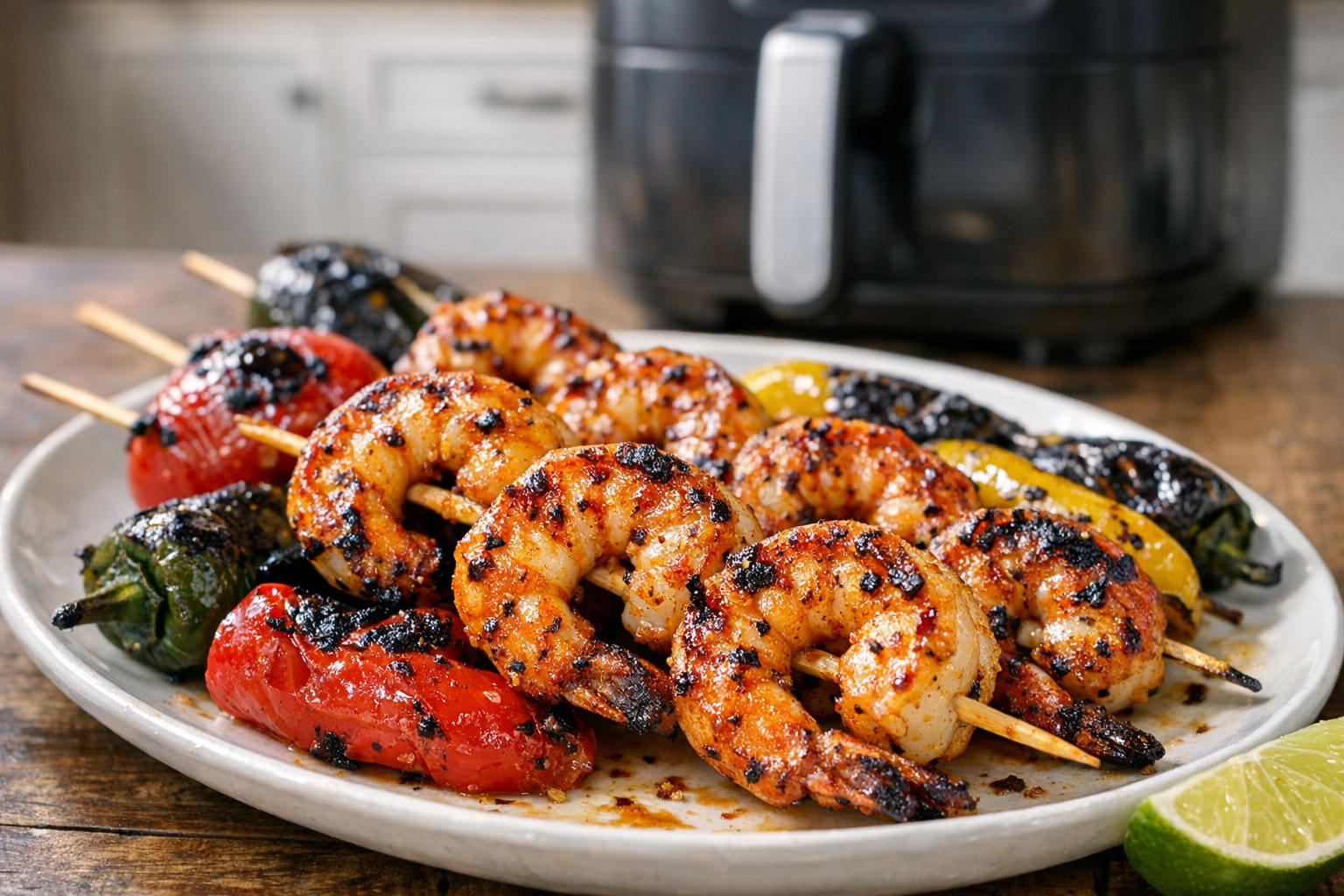 Air Fryer Chili Lime Shrimp Skewers & Charred Peppers
