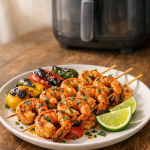 Air Fryer Chili Lime Shrimp Skewers with Charred Peppers