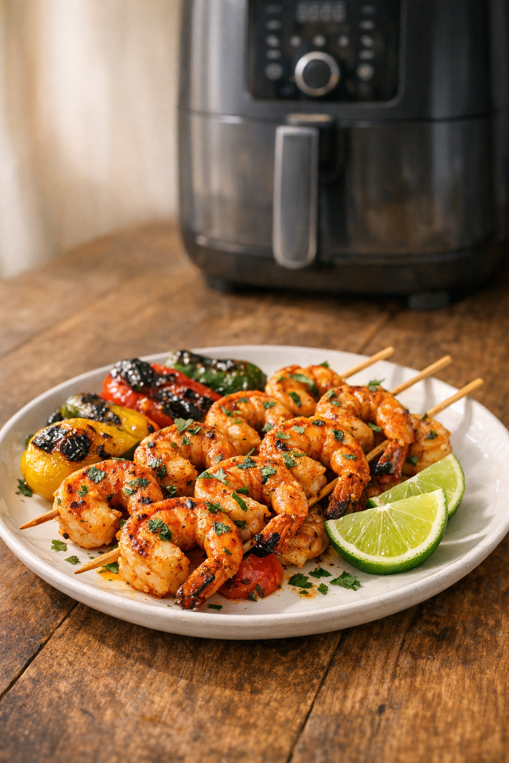 Air Fryer Chili Lime Shrimp Skewers & Charred Peppers