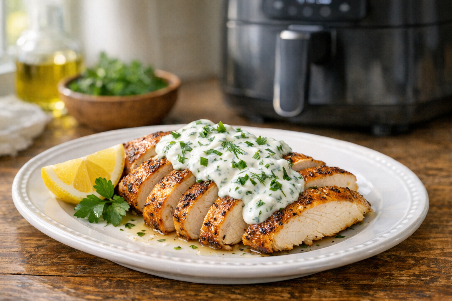 Air Fryer Chicken Breast with Herb Yogurt Sauce