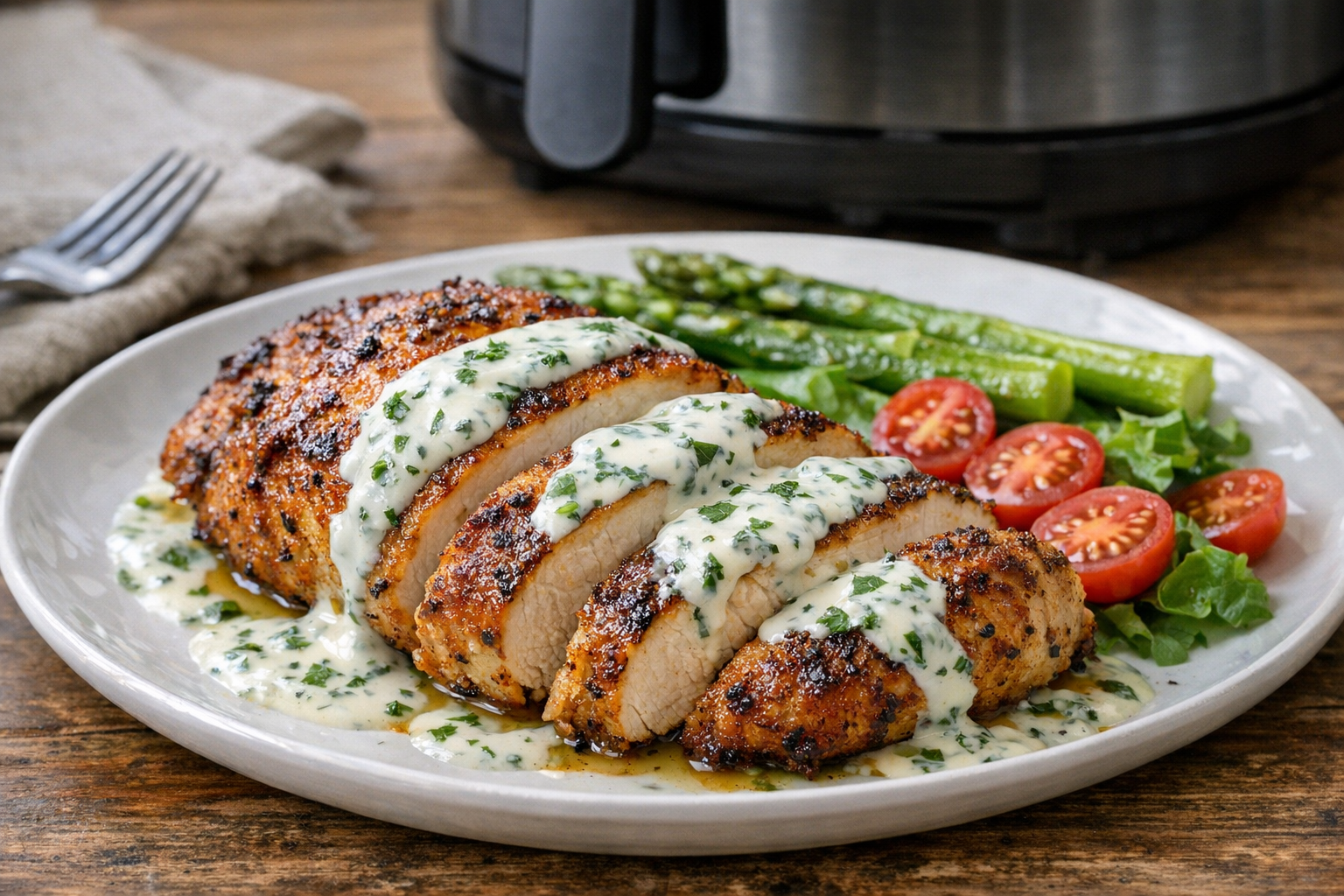 Air Fryer Chicken Breast with Herb Yogurt Sauce
